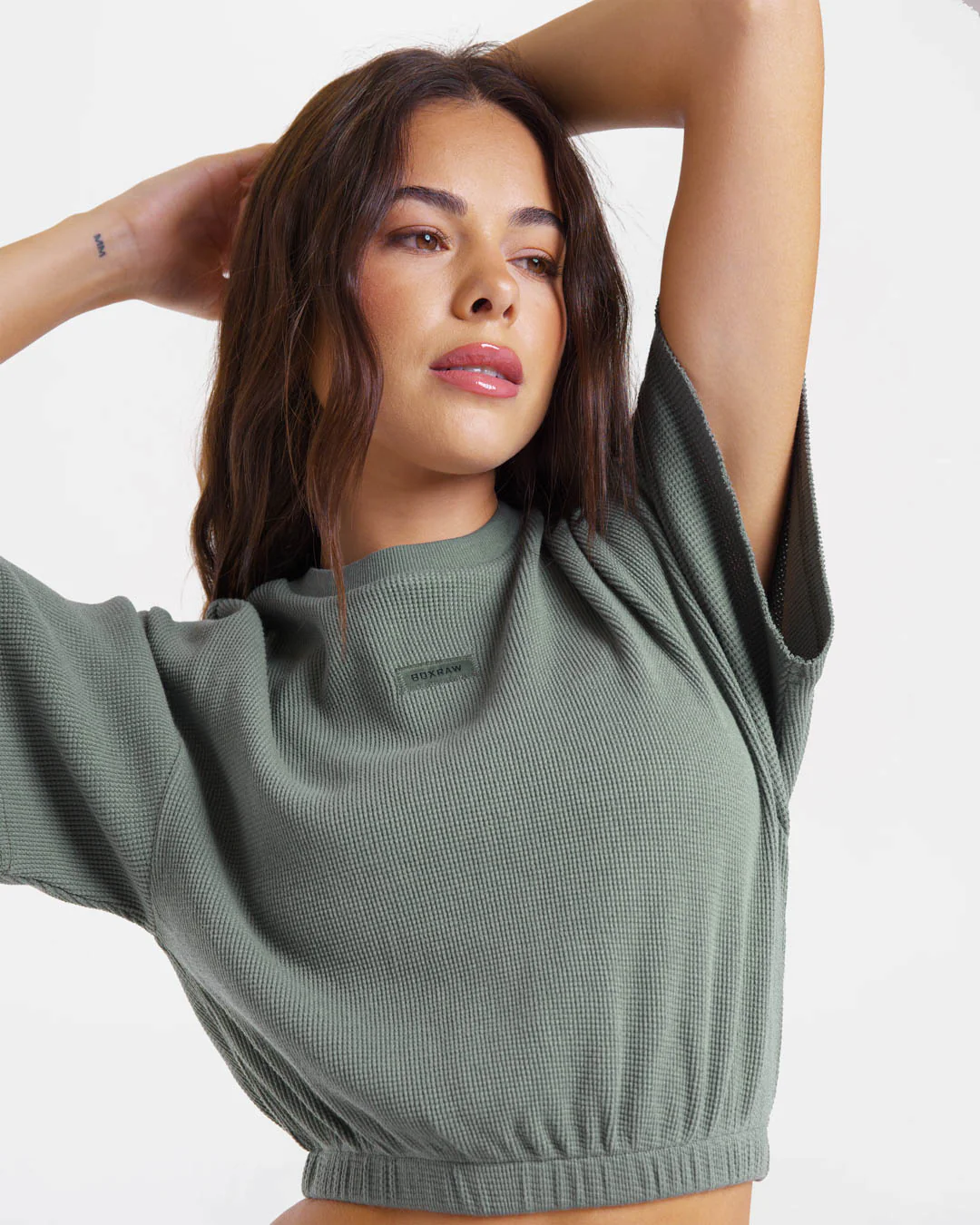 Shirley Waffle Cropped T-Shirt - Green - Image 4